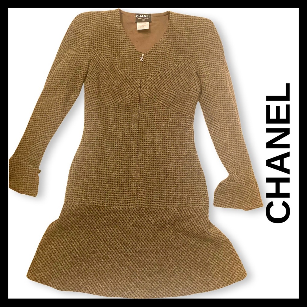 CHANEL Brown Textured Knit Mini Dress